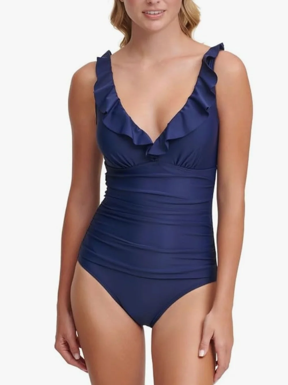 DKNY Navy Ruffled V‑Neck One‑Piece Swimsuit - Picture 1 of 4